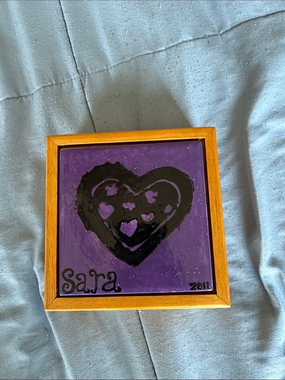 Hand-Painted Purple Heart Tile in Wooden Frame